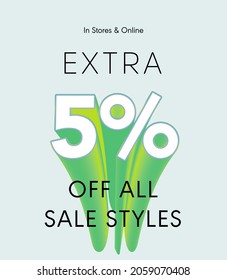 Extra 5% off all sale styles in stores and online, Special offer sale 5 percent discount 3D number tag voucher vector illustration. season label summer sale coupon promo banner holiday
