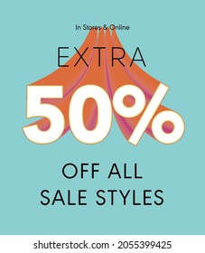 Extra 50% off all sale styles in stores and online, Special offer sale 50 percent discount 3D number tag voucher vector illustration. season label summer sale coupon promo banner holiday