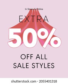 Extra 50% off all sale styles in stores and online, Special offer sale 50 percent discount 3D number tag voucher vector illustration. season label summer sale coupon promo banner holiday