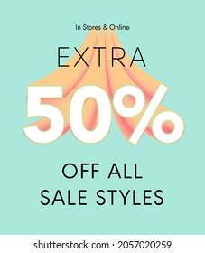 Extra 50% off all sale styles in stores and online, Special offer sale 50 percent discount 3D number tag voucher vector illustration. season label summer sale coupon promo banner holiday