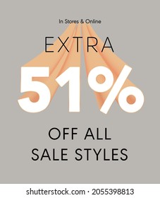 Extra 51% off all sale styles in stores and online, Special offer sale 51 percent discount 3D number tag voucher vector illustration. season label summer sale coupon promo banner holiday