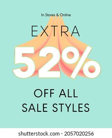 Extra 52% off all sale styles in stores and online, Special offer sale 52 percent discount 3D number tag voucher vector illustration. season label summer sale coupon promo banner holiday