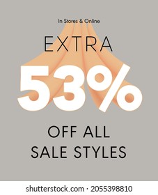 Extra 53% off all sale styles in stores and online, Special offer sale 53 percent discount 3D number tag voucher vector illustration. season label summer sale coupon promo banner holiday