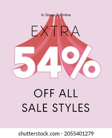 Extra 54% off all sale styles in stores and online, Special offer sale 54 percent discount 3D number tag voucher vector illustration. season label summer sale coupon promo banner holiday