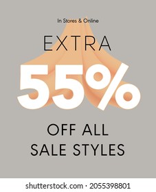 Extra 55% off all sale styles in stores and online, Special offer sale 55 percent discount 3D number tag voucher vector illustration. season label summer sale coupon promo banner holiday