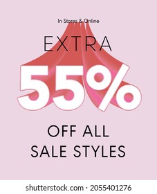 Extra 55% off all sale styles in stores and online, Special offer sale 55 percent discount 3D number tag voucher vector illustration. season label summer sale coupon promo banner holiday