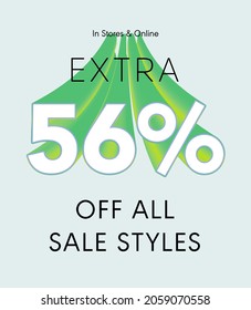 Extra 56% off all sale styles in stores and online, Special offer sale 56 percent discount 3D number tag voucher vector illustration. season label summer sale coupon promo banner holiday