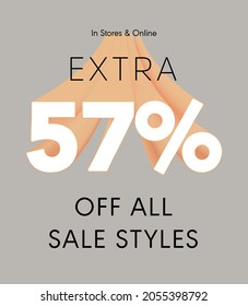 Extra 57% off all sale styles in stores and online, Special offer sale 57 percent discount 3D number tag voucher vector illustration. season label summer sale coupon promo banner holiday