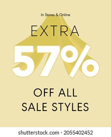 Extra 57% off all sale styles in stores and online, Special offer sale 57 percent discount 3D number tag voucher vector illustration. season label summer sale coupon promo banner holiday