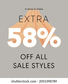 Extra 58% off all sale styles in stores and online, Special offer sale 58 percent discount 3D number tag voucher vector illustration. season label summer sale coupon promo banner holiday