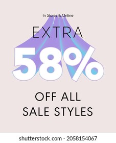 Extra 58% off all sale styles in stores and online, Special offer sale 58 percent discount 3D number tag voucher vector illustration. season label summer sale coupon promo banner holiday