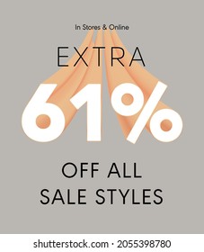 Extra 61% off all sale styles in stores and online, Special offer sale 61 percent discount 3D number tag voucher vector illustration. season label summer sale coupon promo banner holiday