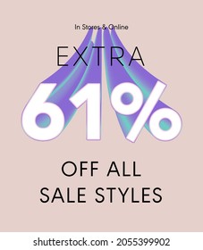 Extra 61% off all sale styles in stores and online, Special offer sale 61 percent discount 3D number tag voucher vector illustration. season label summer sale coupon promo banner holiday