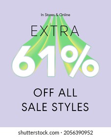 Extra 61% off all sale styles in stores and online, Special offer sale 61 percent discount 3D number tag voucher vector illustration. season label summer sale coupon promo banner holiday