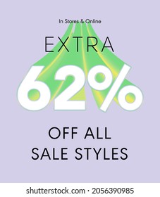 Extra 62% off all sale styles in stores and online, Special offer sale 62 percent discount 3D number tag voucher vector illustration. season label summer sale coupon promo banner holiday