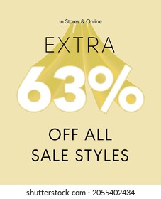 Extra 63% off all sale styles in stores and online, Special offer sale 63 percent discount 3D number tag voucher vector illustration. season label summer sale coupon promo banner holiday