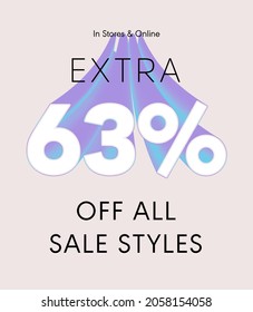 Extra 63% off all sale styles in stores and online, Special offer sale 63 percent discount 3D number tag voucher vector illustration. season label summer sale coupon promo banner holiday