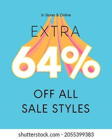 Extra 64% off all sale styles in stores and online, Special offer sale 64 percent discount 3D number tag voucher vector illustration. season label summer sale coupon promo banner holiday