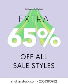 Extra 65% off all sale styles in stores and online, Special offer sale 65 percent discount 3D number tag voucher vector illustration. season label summer sale coupon promo banner holiday