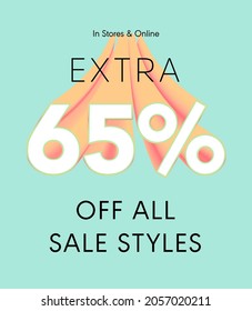 Extra 65% off all sale styles in stores and online, Special offer sale 65 percent discount 3D number tag voucher vector illustration. season label summer sale coupon promo banner holiday
