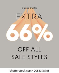 Extra 66% off all sale styles in stores and online, Special offer sale 66 percent discount 3D number tag voucher vector illustration. season label summer sale coupon promo banner holiday