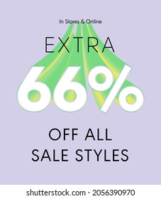 Extra 66% off all sale styles in stores and online, Special offer sale 66 percent discount 3D number tag voucher vector illustration. season label summer sale coupon promo banner holiday