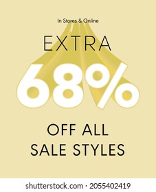 Extra 68% off all sale styles in stores and online, Special offer sale 68 percent discount 3D number tag voucher vector illustration. season label summer sale coupon promo banner holiday