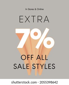 Extra 7% off all sale styles in stores and online, Special offer sale 7 percent discount 3D number tag voucher vector illustration. season label summer sale coupon promo banner holiday