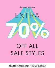Extra 70% off all sale styles in stores and online, Special offer sale 70 percent discount 3D number tag voucher vector illustration. season label summer sale coupon promo banner holiday