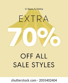 Extra 70% off all sale styles in stores and online, Special offer sale 70 percent discount 3D number tag voucher vector illustration. season label summer sale coupon promo banner holiday