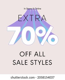 Extra 70% off all sale styles in stores and online, Special offer sale 70 percent discount 3D number tag voucher vector illustration. season label summer sale coupon promo banner holiday