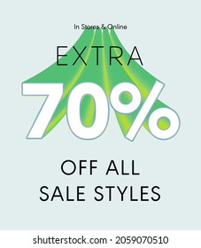 Extra 70% off all sale styles in stores and online, Special offer sale 70 percent discount 3D number tag voucher vector illustration. season label summer sale coupon promo banner holiday