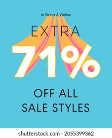 Extra 71% off all sale styles in stores and online, Special offer sale 71 percent discount 3D number tag voucher vector illustration. season label summer sale coupon promo banner holiday