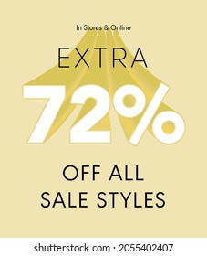 Extra 72% off all sale styles in stores and online, Special offer sale 72 percent discount 3D number tag voucher vector illustration. season label summer sale coupon promo banner holiday