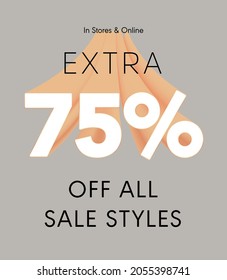 Extra 75% off all sale styles in stores and online, Special offer sale 75 percent discount 3D number tag voucher vector illustration. season label summer sale coupon promo banner holiday