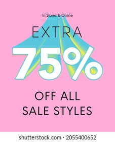 Extra 75% Rabatt auf alle Verkaufsstile in Geschäften und online, Sonderangebot Verkauf 75% Rabatt 3D-Nummer Tag Voucher Vektorgrafik. Saisonetikett Sommerverkauf Coupon-Werbebanner Feiertag