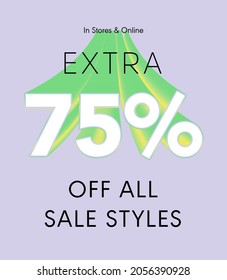 Extra el 75% de todos los estilos de venta en tiendas y online, oferta especial venta 75% descuento número 3D etiqueta vectorial ilustración vectorial. etiqueta de temporada verano venta cupón promocional banquete vacaciones
