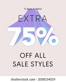 Extra el 75% de todos los estilos de venta en tiendas y online, oferta especial venta 75% descuento número 3D etiqueta vectorial ilustración vectorial. etiqueta de temporada verano venta cupón promocional banquete vacaciones