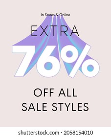 Extra 76% off all sale styles in stores and online, Special offer sale 76 percent discount 3D number tag voucher vector illustration. season label summer sale coupon promo banner holiday