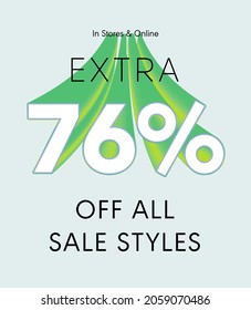 Extra 76% off all sale styles in stores and online, Special offer sale 76 percent discount 3D number tag voucher vector illustration. season label summer sale coupon promo banner holiday
