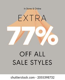 Extra 77% off all sale styles in stores and online, Special offer sale 77 percent discount 3D number tag voucher vector illustration. season label summer sale coupon promo banner holiday