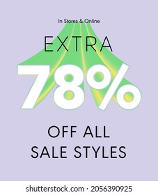 Extra 78% off all sale styles in stores and online, Special offer sale 78 percent discount 3D number tag voucher vector illustration. season label summer sale coupon promo banner holiday