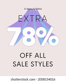 Extra 78% off all sale styles in stores and online, Special offer sale 78 percent discount 3D number tag voucher vector illustration. season label summer sale coupon promo banner holiday