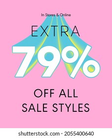 Extra 79% off all sale styles in stores and online, Special offer sale 79 percent discount 3D number tag voucher vector illustration. season label summer sale coupon promo banner holiday