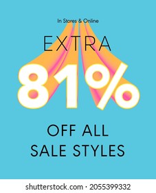 Extra 81% off all sale styles in stores and online, Special offer sale 81 percent discount 3D number tag voucher vector illustration. season label summer sale coupon promo banner holiday
