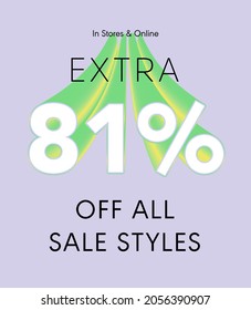 Extra 81% off all sale styles in stores and online, Special offer sale 81 percent discount 3D number tag voucher vector illustration. season label summer sale coupon promo banner holiday
