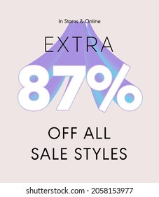 Extra 87% off all sale styles in stores and online, Special offer sale 87 percent discount 3D number tag voucher vector illustration. season label summer sale coupon promo banner holiday