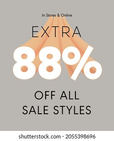 Extra 88% off all sale styles in stores and online, Special offer sale 88 percent discount 3D number tag voucher vector illustration. season label summer sale coupon promo banner holiday