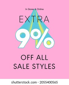 Extra 9% Rabatt auf alle Verkaufsstile in Geschäften und online, Sonderangebot Verkauf 9% Rabatt 3D-Nummernschild Voucher Illustration. Saisonetikett Sommerverkauf Coupon-Werbebanner Feiertag
