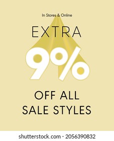 Extra 9% off all sale styles in stores and online, Special offer sale 9 percent discount 3D number tag voucher vector illustration. season label summer sale coupon promo banner holiday